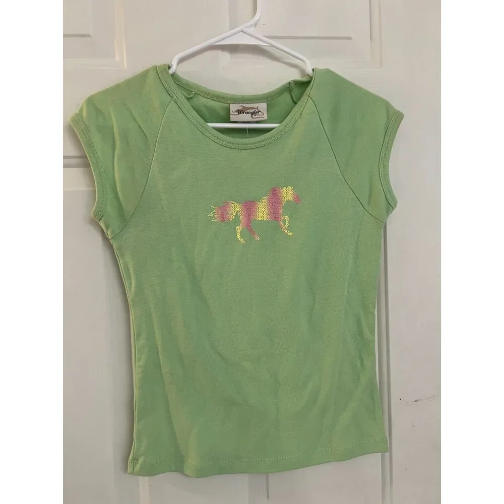 NWT Wrangler Green Horse Graphic Tee Shirt Girls XL Womens XS Y2K Western Retro